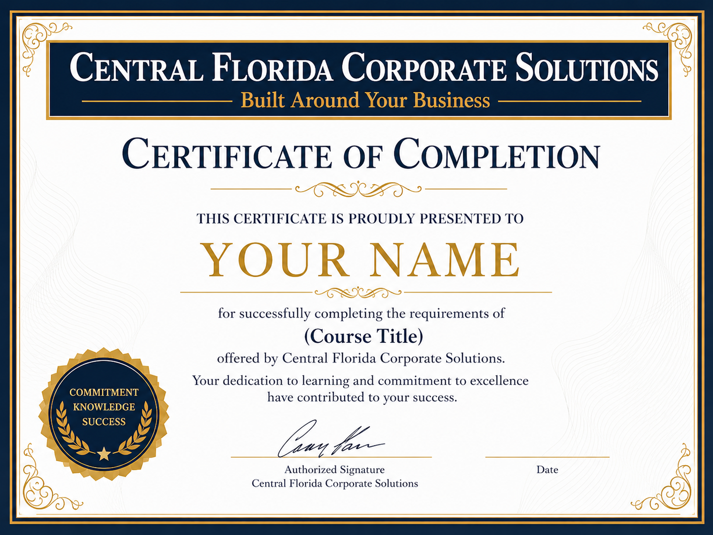 Sample Central Florida Corporate Solutions, LLC Certificate of Completion